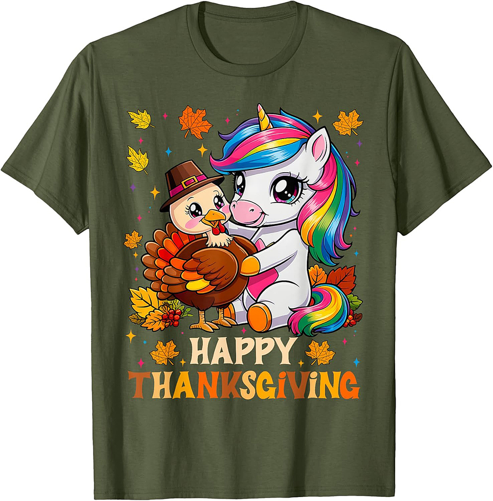 Cute Unicorn Hugs Turkey Happy Thanksgiving Girls Women T-Shirt