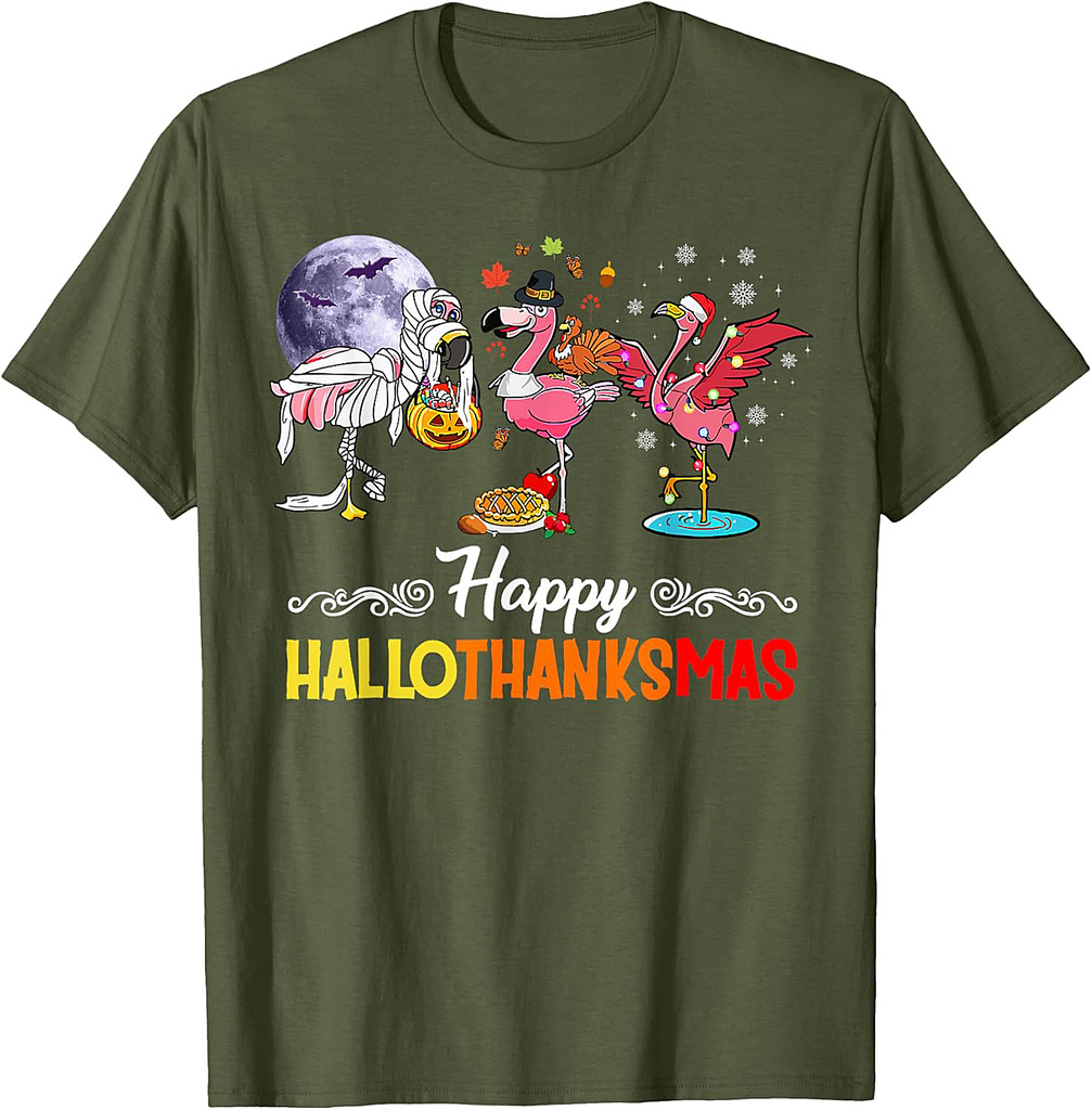 Flamingo Happy HalloThanksmas Funny Halloween Thanksgiving T-Shirt