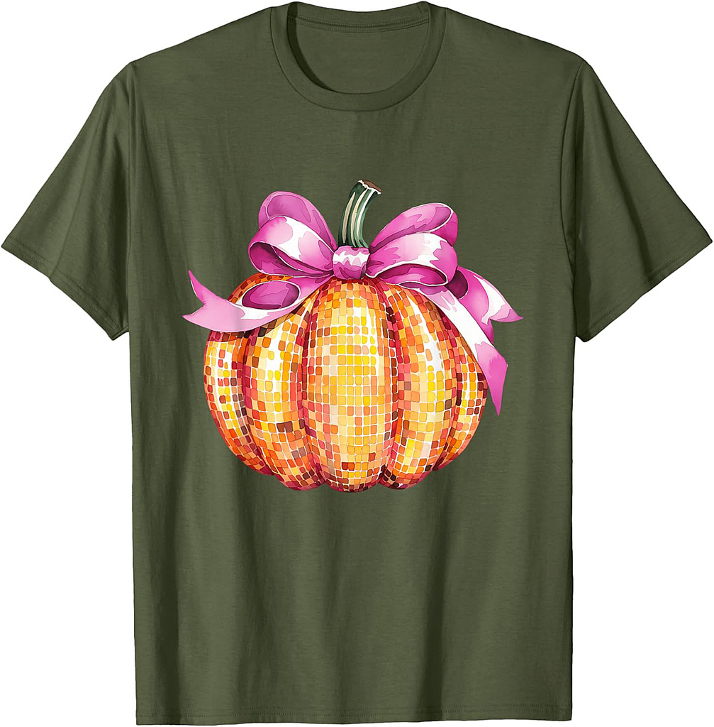 Retro Coquette Pumpkin Pink Bow Fall Thanksgiving Women Girl T-Shirt