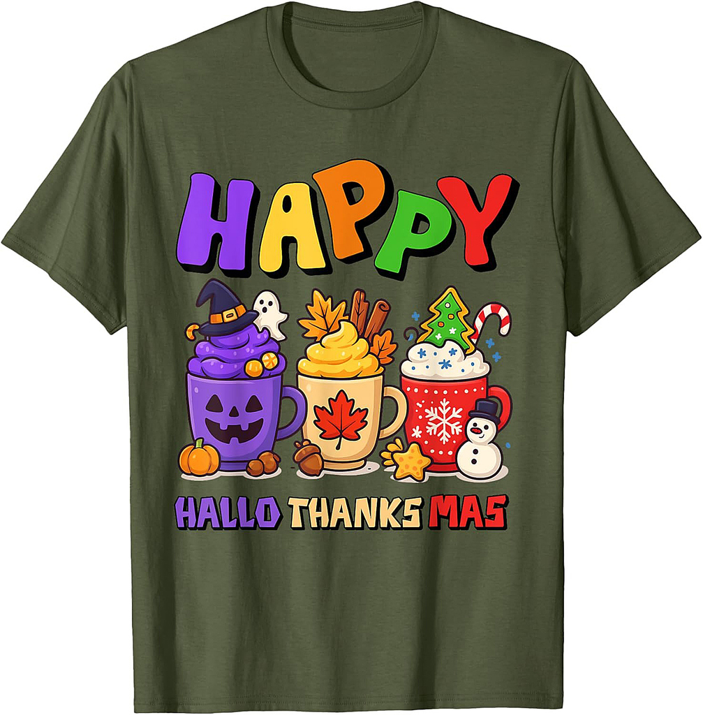 Happy HalloThanksMas Halloween Thanksgiving Christmas Coffee T-Shirt