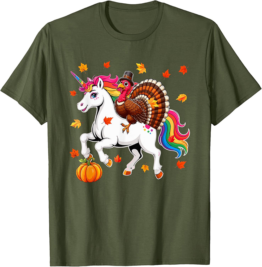 Turkey Riding Unicorn Thanksgiving Fall Leaves Pumpkin Lover T-Shirt