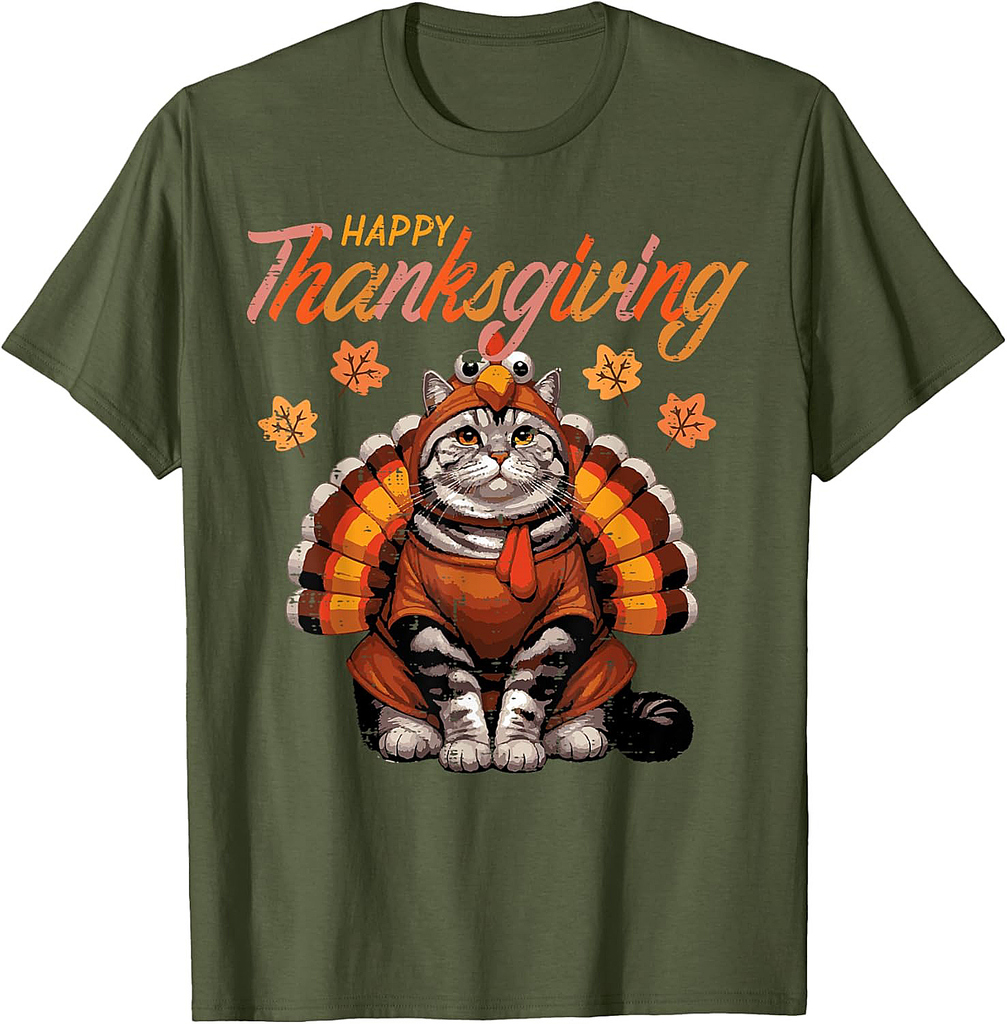 Happy Thanksgiving Cat Turkey Day Fall Women Girls Men T-Shirt