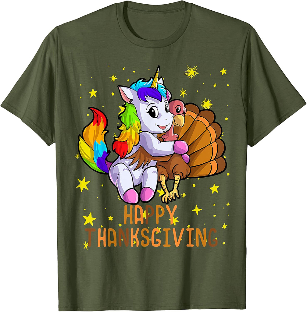 Cute Unicorn Hugs Turkey Happy Thanksgiving Girls T-Shirt