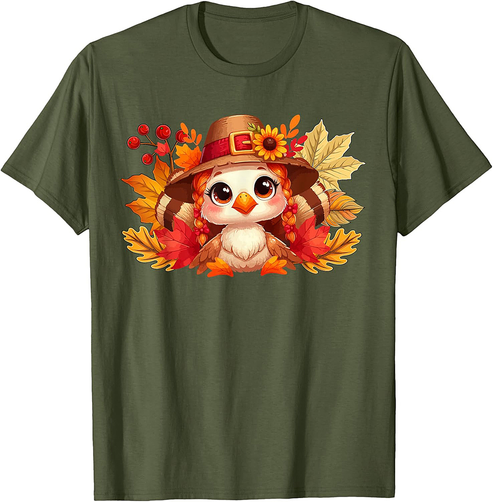 Cute Turkey Costume Girl Thanksgiving Fall Leaves Floral T-Shirt
