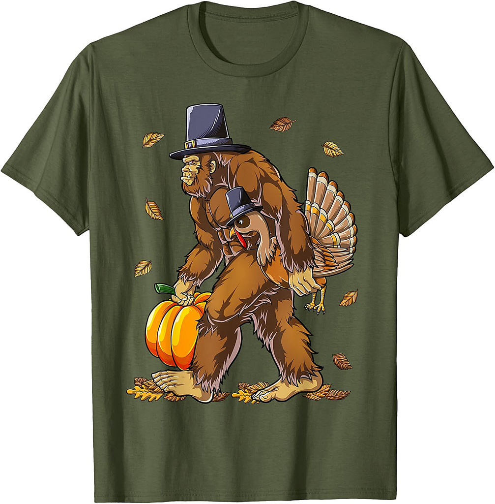 Bigfoot Pilgrim Turkey Pumpkin Thanksgiving Day Boys Men T-Shirt