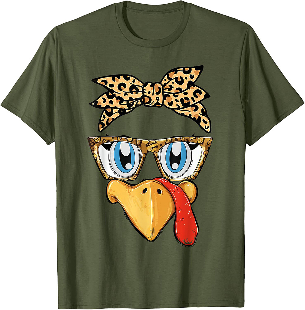 Thanksgiving Turkey Face Leopard Print Glasses Women Girls T-Shirt