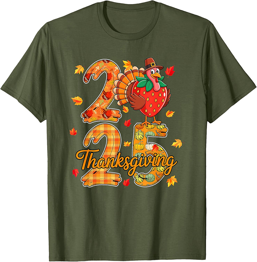 Thanksgiving 2025 Cute Turkey As Strawberry Vegan Autumn T-Shirt