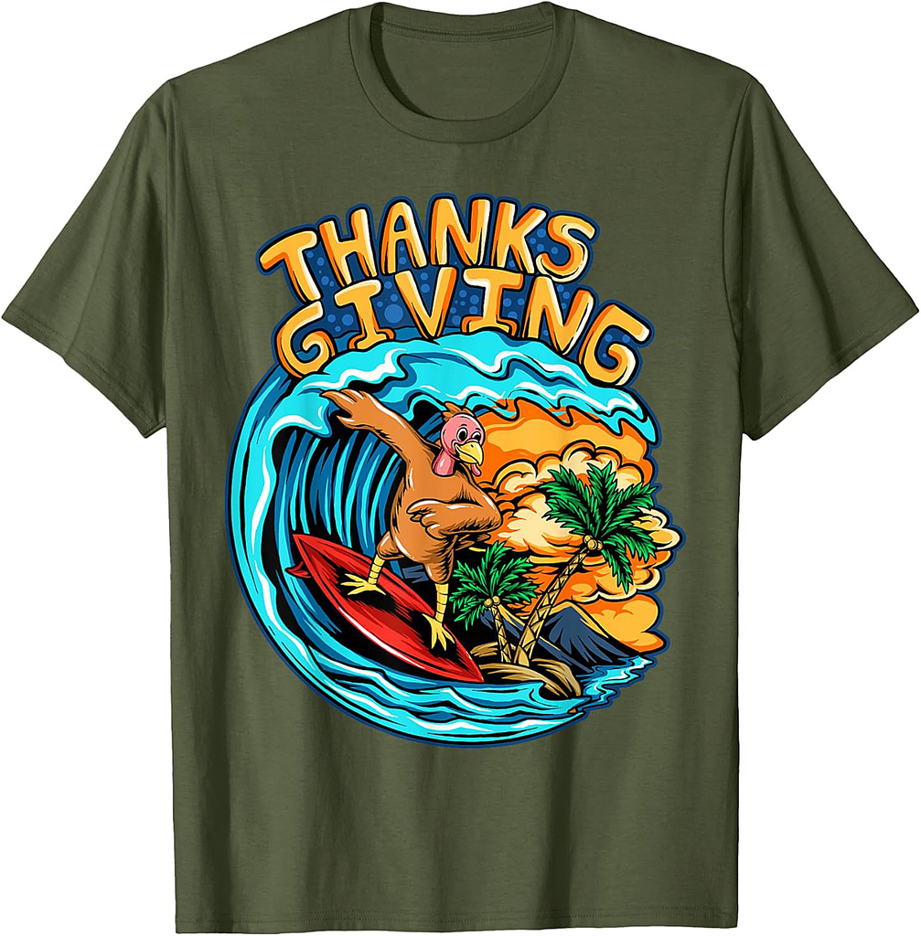 Thanksgiving Turkey Riding Surf Board Ocean Waves T-Shirt