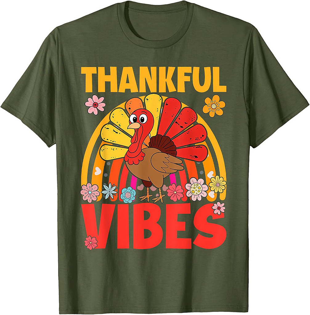 Thankful Vibes Turkey Rainbow Funny Retro Thanksgiving Women 01 T-Shirt