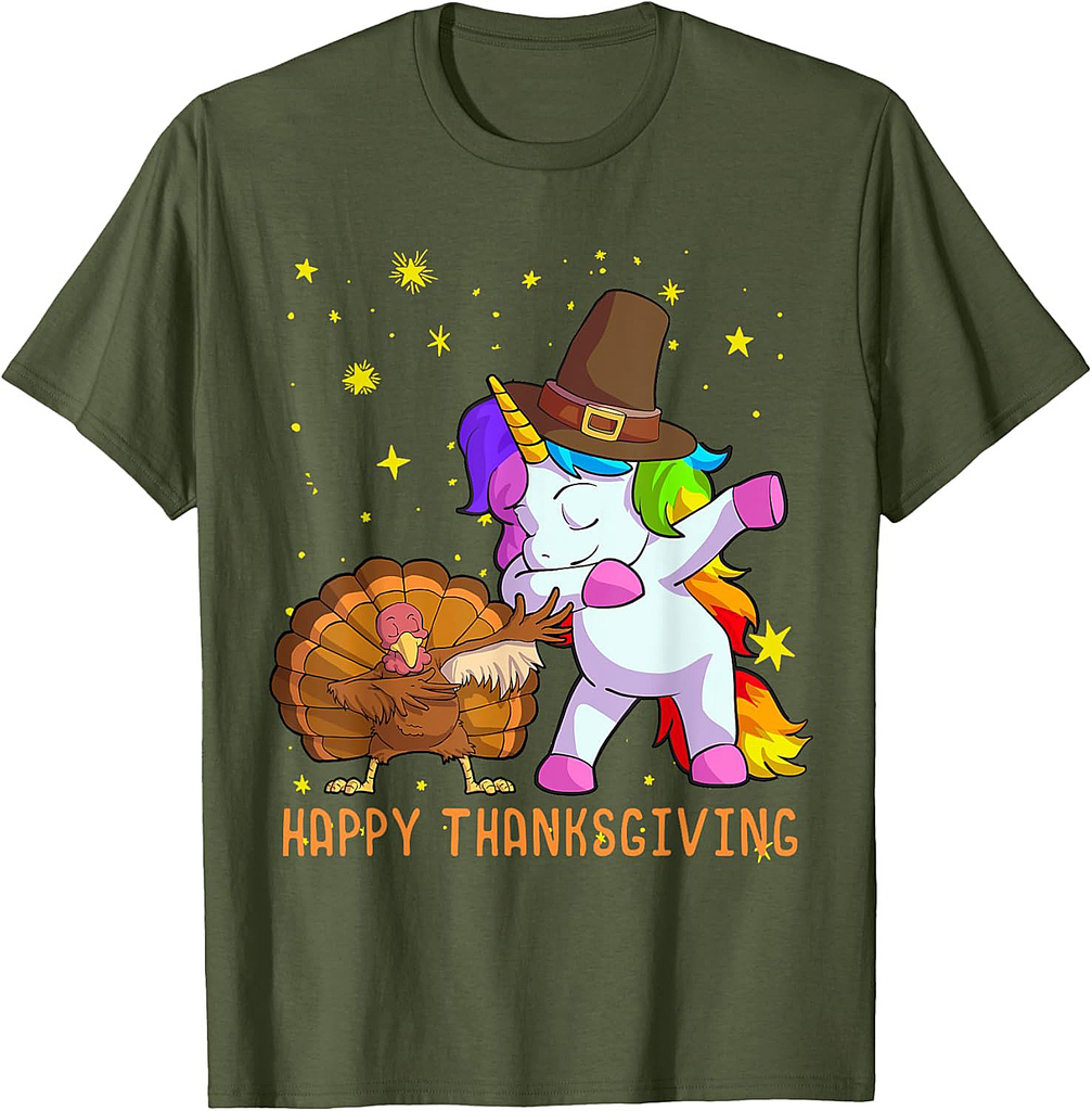Cute Unicorn Thanksgiving Shirt For Girls Pilgrim Hat Turkey T-Shirt