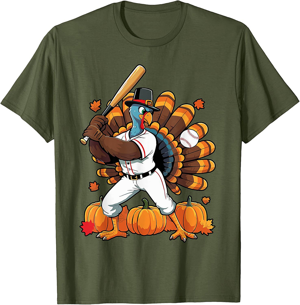 Turkey Playing Baseball Thanksgiving Baseball Player Boy Men T-Shirt