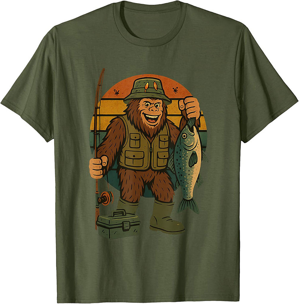 Bigfoot Fishing Funny Retro Sasquatch Dad T-Shirt