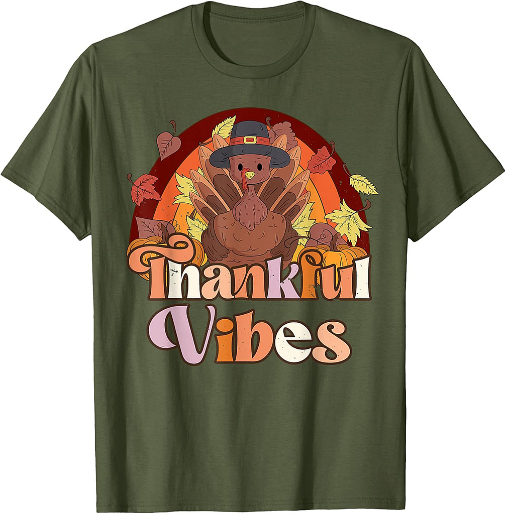 Retro Groovy Thankful Vibes Cute Turkey Fall Thanksgiving T-Shirt