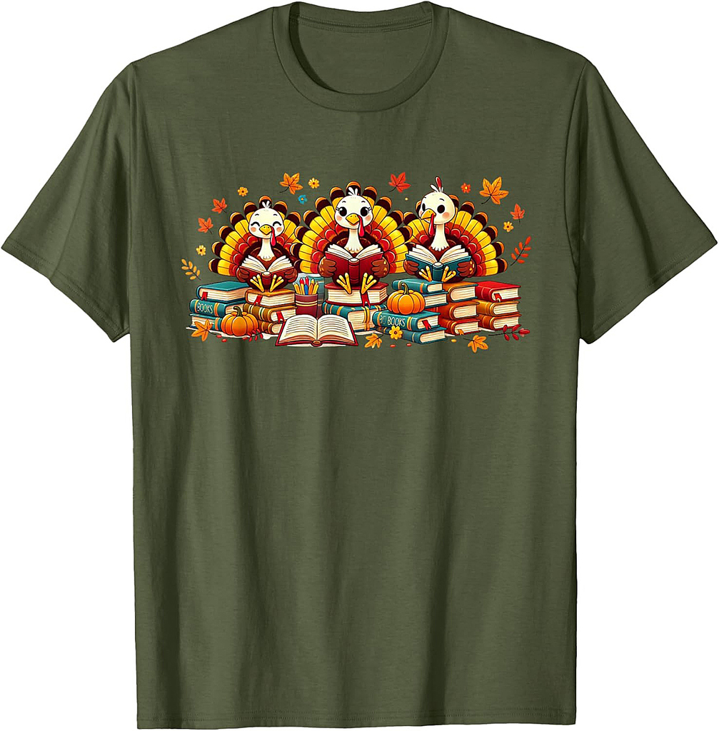 Turkey Reading Books Fall Thanksgiving Teacher Book Lovers 01 T-Shirt