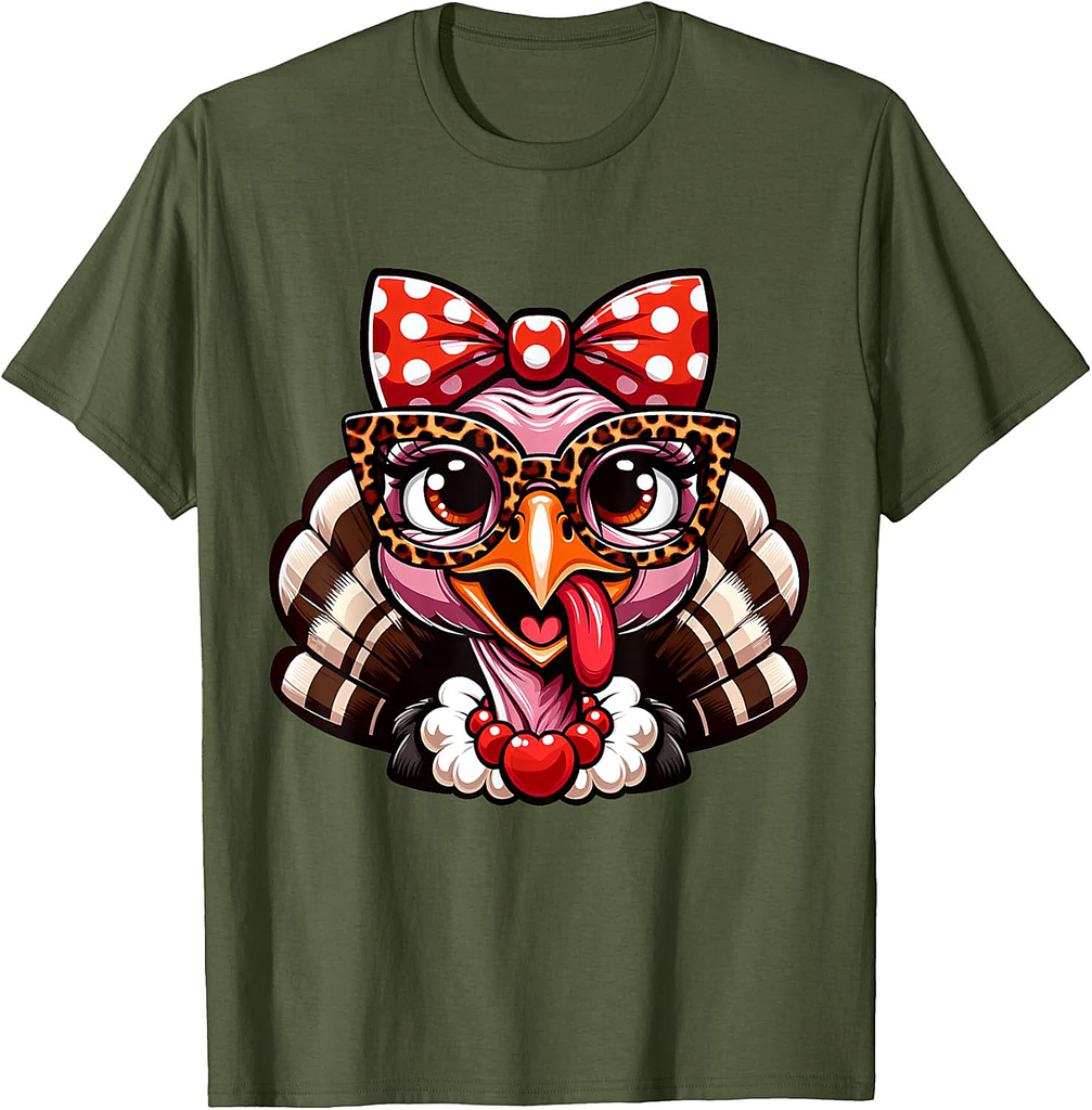 Thanksgiving Turkey Face Leopard Print Glasses Women T-Shirt
