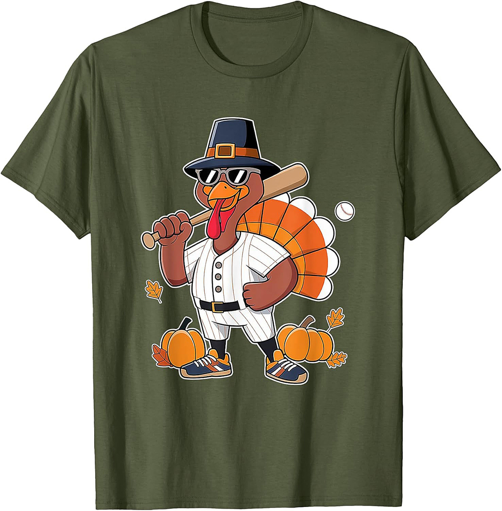 Baseball Player Turkey Funny Thanksgiving Day Boys Men T-Shirt