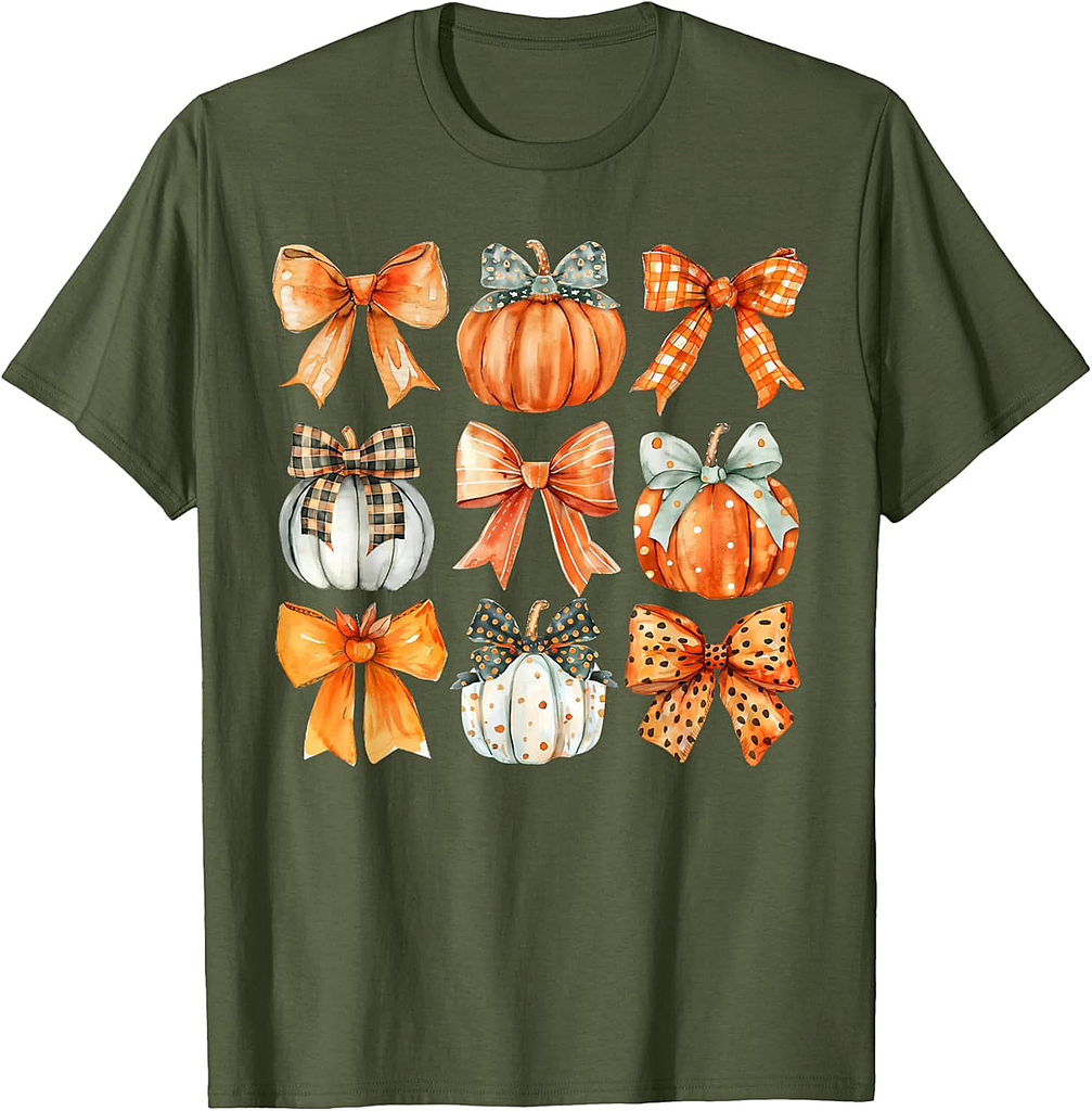 Coquette Bow Pumpkin Season Thanksgiving Autumn Fall Leaves T-Shirt