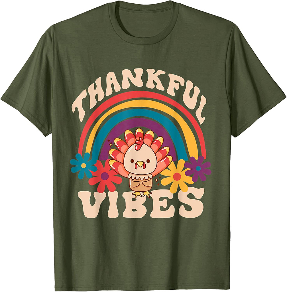 Retro Groovy Thankful Vibes Turkey Fall Funny Thanksgiving T-Shirt