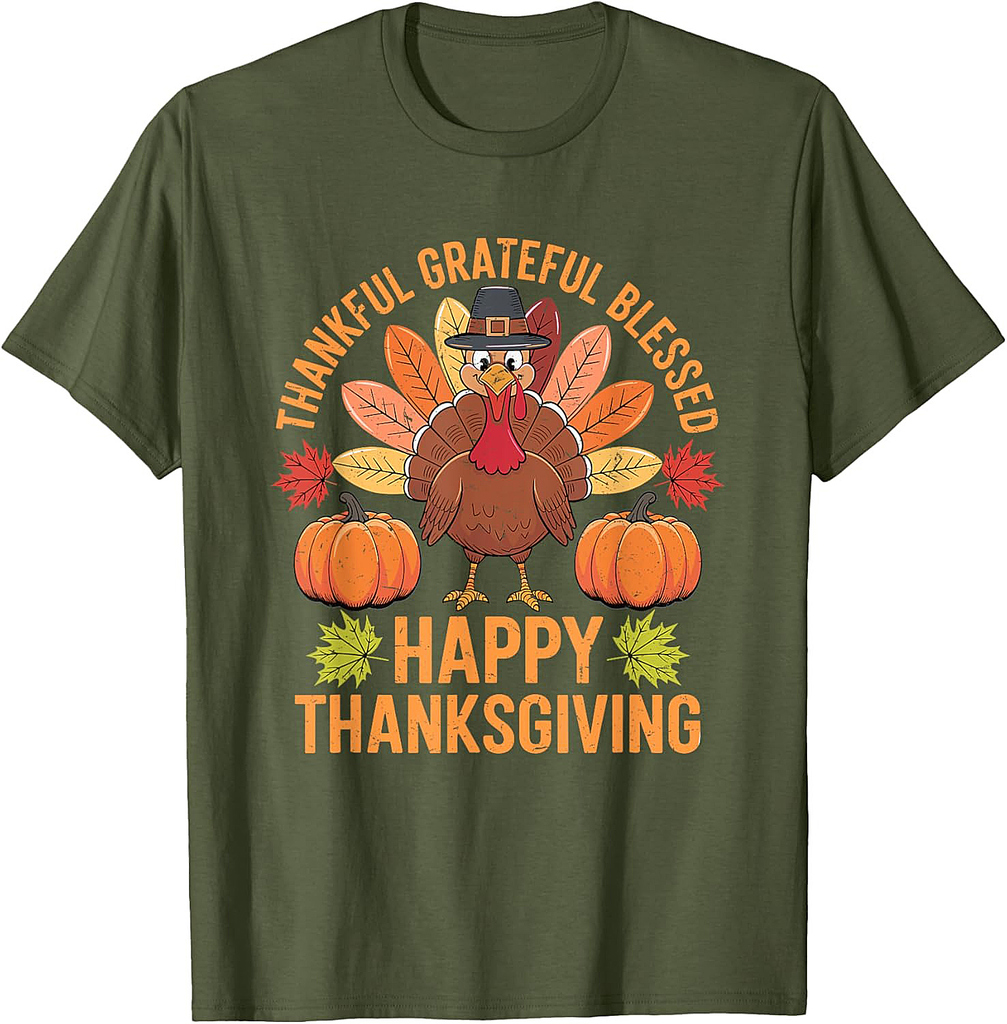 Thankful Grateful Blessed Turkey Women Happy Thanksgiving T-Shirt