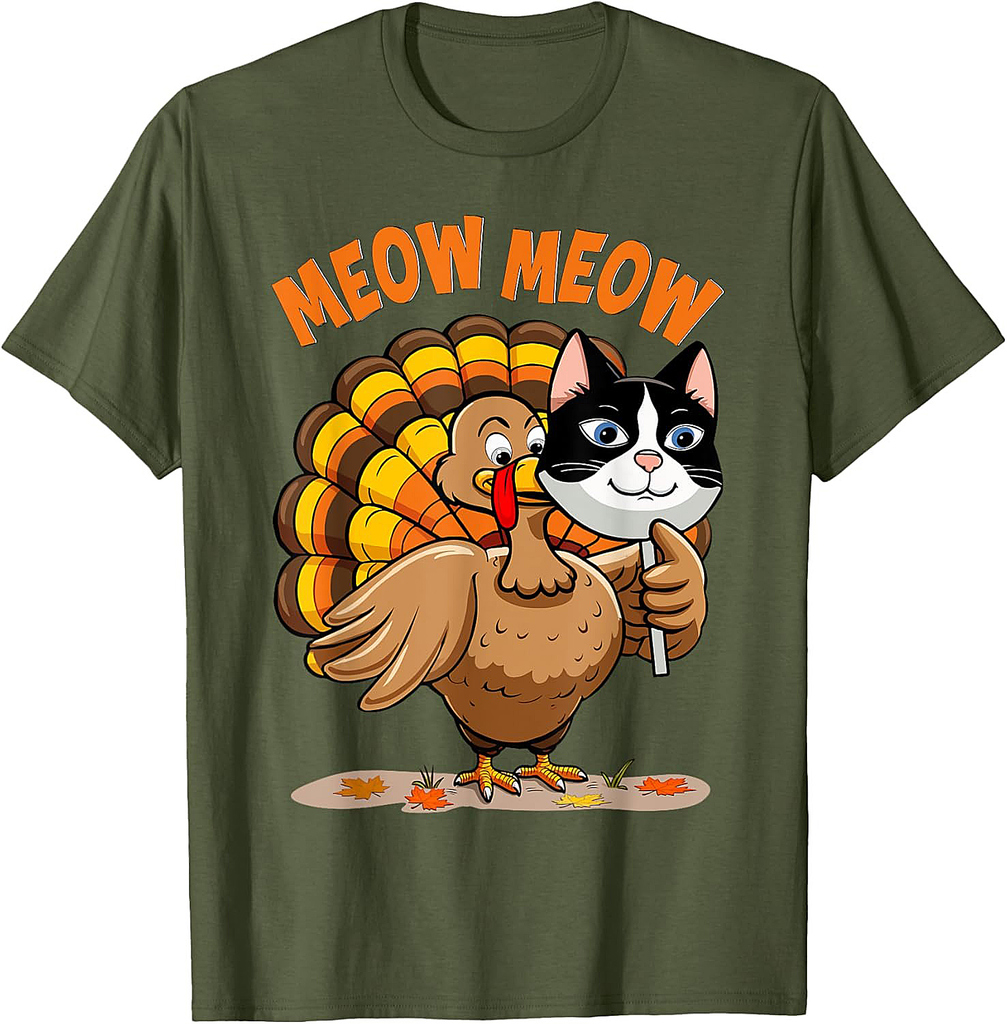 Funny Thanksgiving Funny Turkey Cat Meow T-Shirt for Men Women