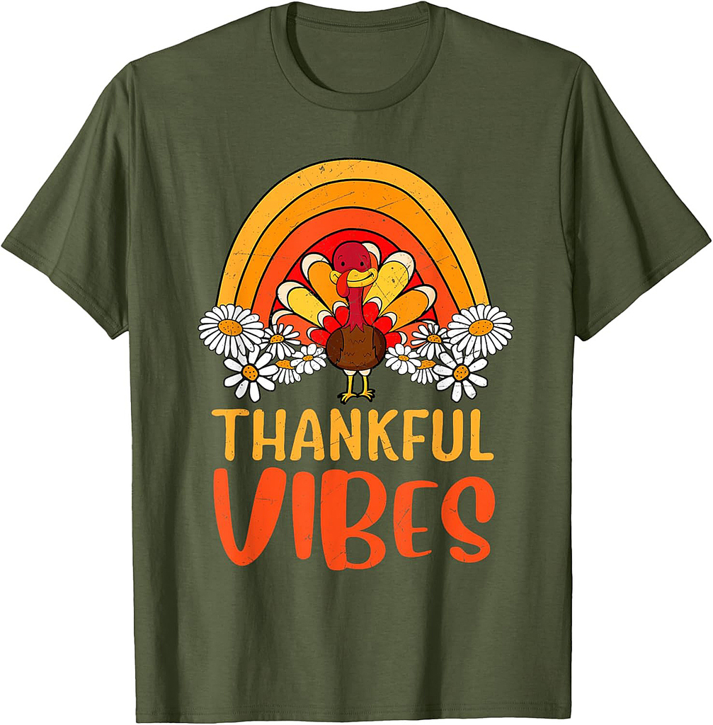 Thankful Vibes Turkey Retro Groovy Thanksgiving Rainbow T-Shirt