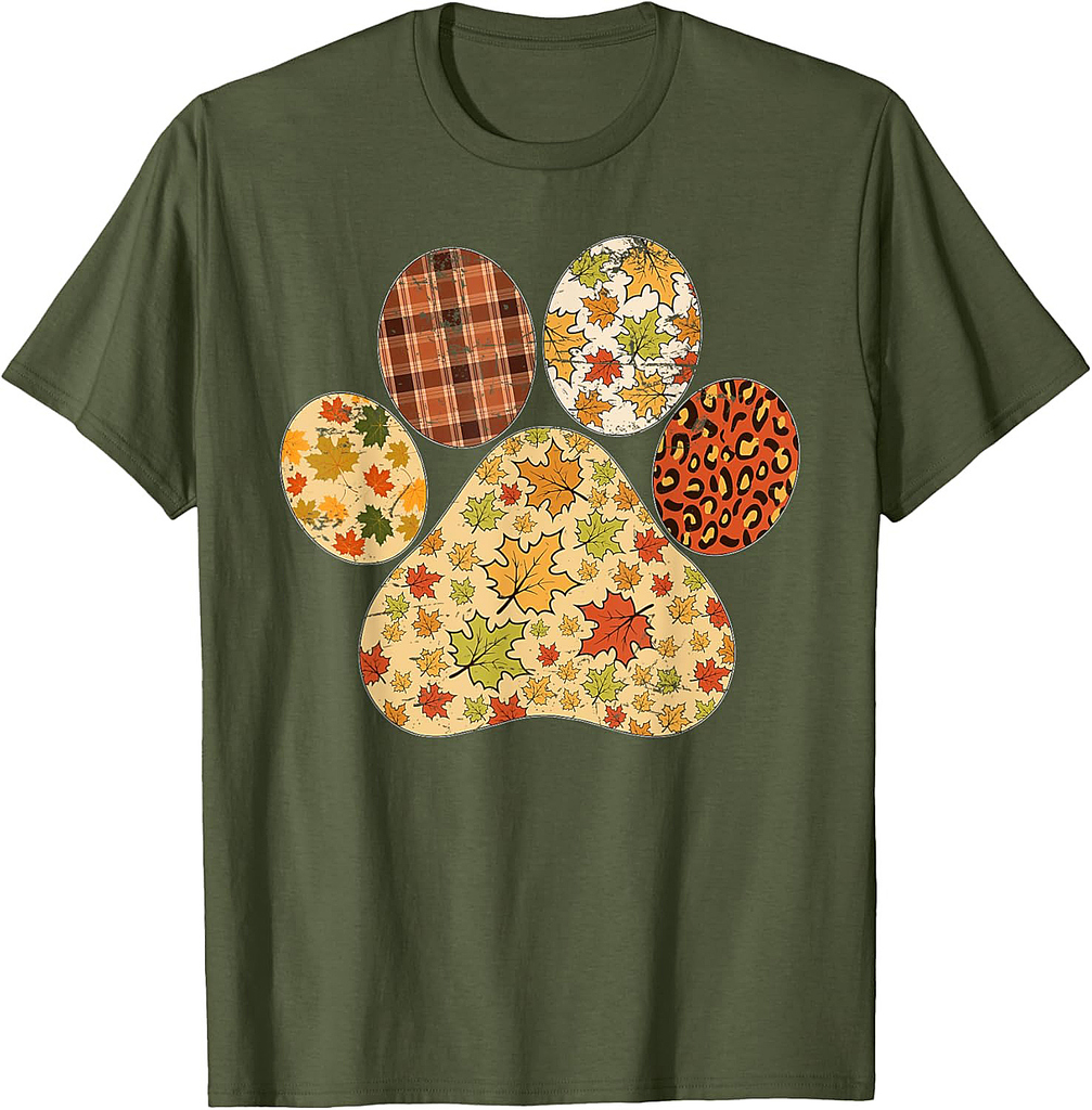 Leopard Thanksgiving Leaves Dog Paw Lover Thanksgiving Women T-Shirt