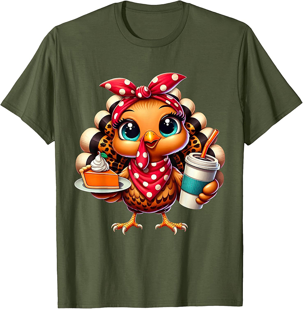 Turkey Drinking Ice Coffee Bow Thanksgiving Women Turkey Day T-Shirt
