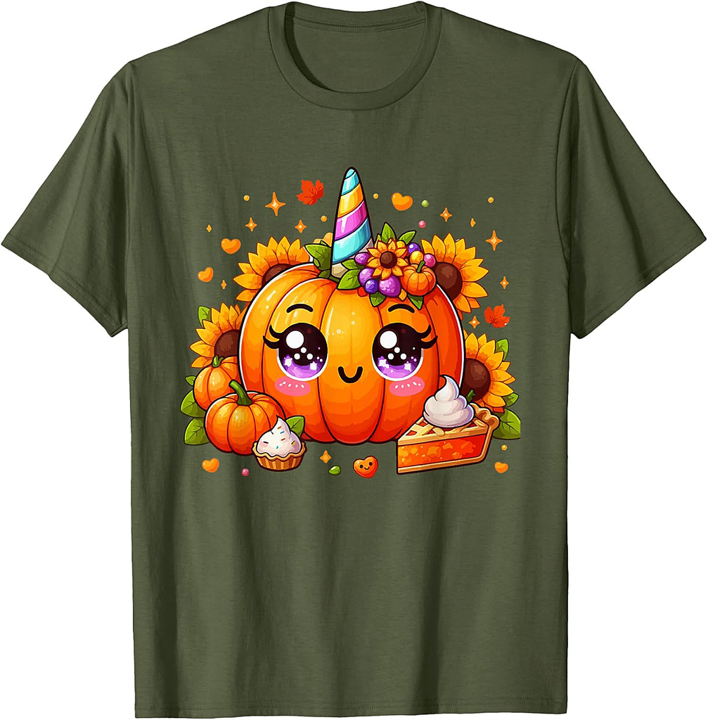 Floral Pumpkin As Unicorn Face Thanksgiving Matching T-Shirt
