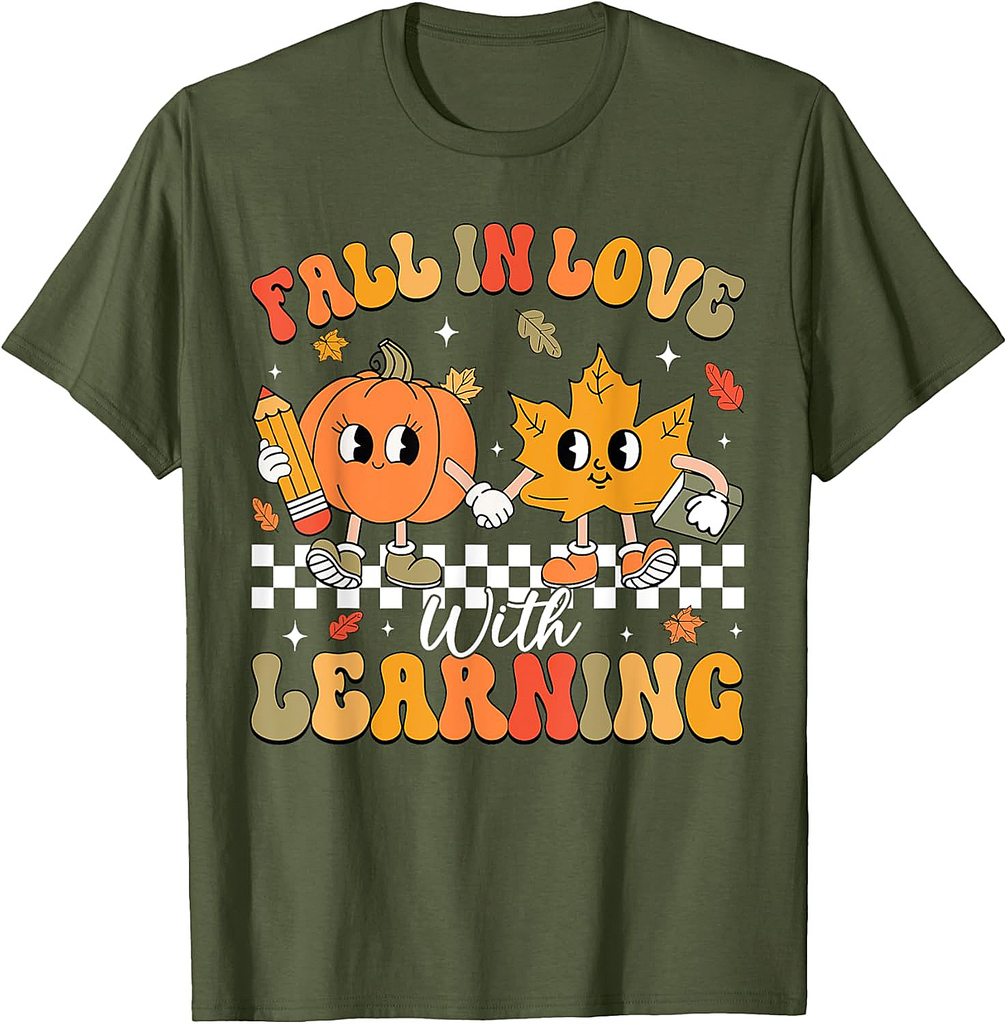 Retro Fall In Love With Learning Autumn Pumpkin Teacher T-Shirt