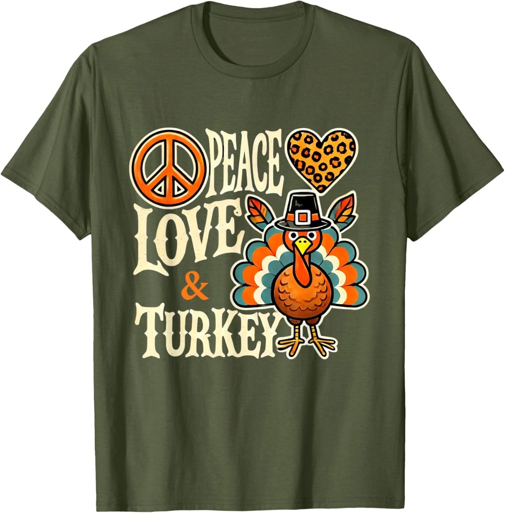 Peace Love Turkey Pilgrim Leopard Print Thanksgiving T-Shirt