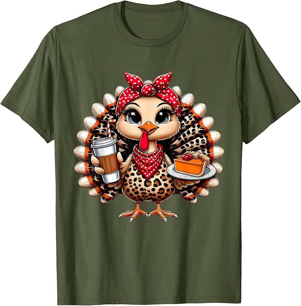 Turkey Drinking Ice Coffee Bow Thanksgiving Women Turkey Day T-Shirt