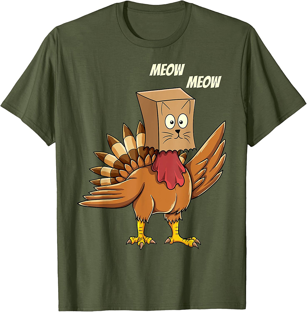 Thanksgiving Turkey Cat Meow Funny Men Women Thanksgiving T-Shirt