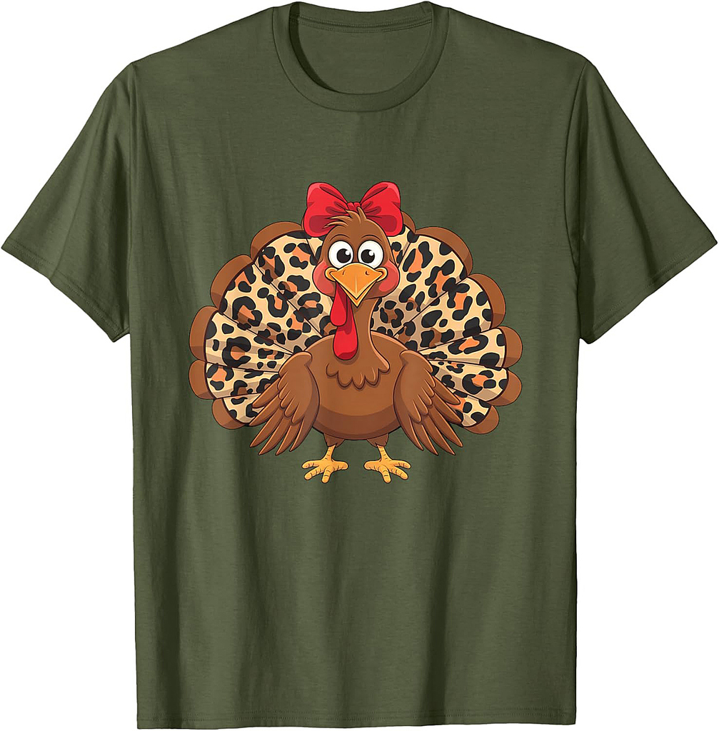 Womens Girls Thanksgiving Leopard Turkey Autumn Fall Season T-Shirt