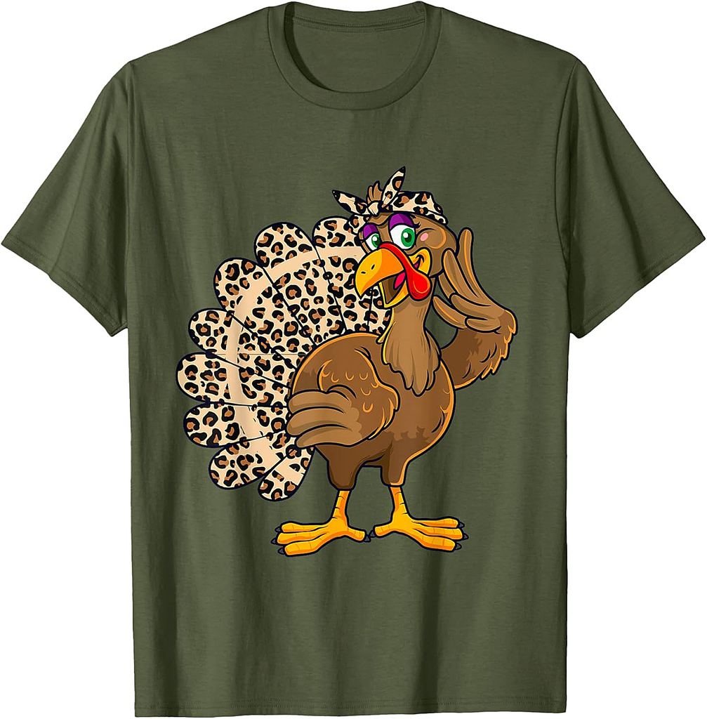 Thanksgiving Turkey Women Girl Leopard Print Autumn Fall T-Shirt
