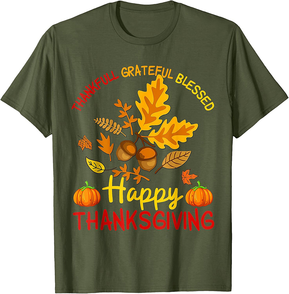 Thankful Grateful Blessed Thanksgiving Autumn Leaves Acorns T-Shirt