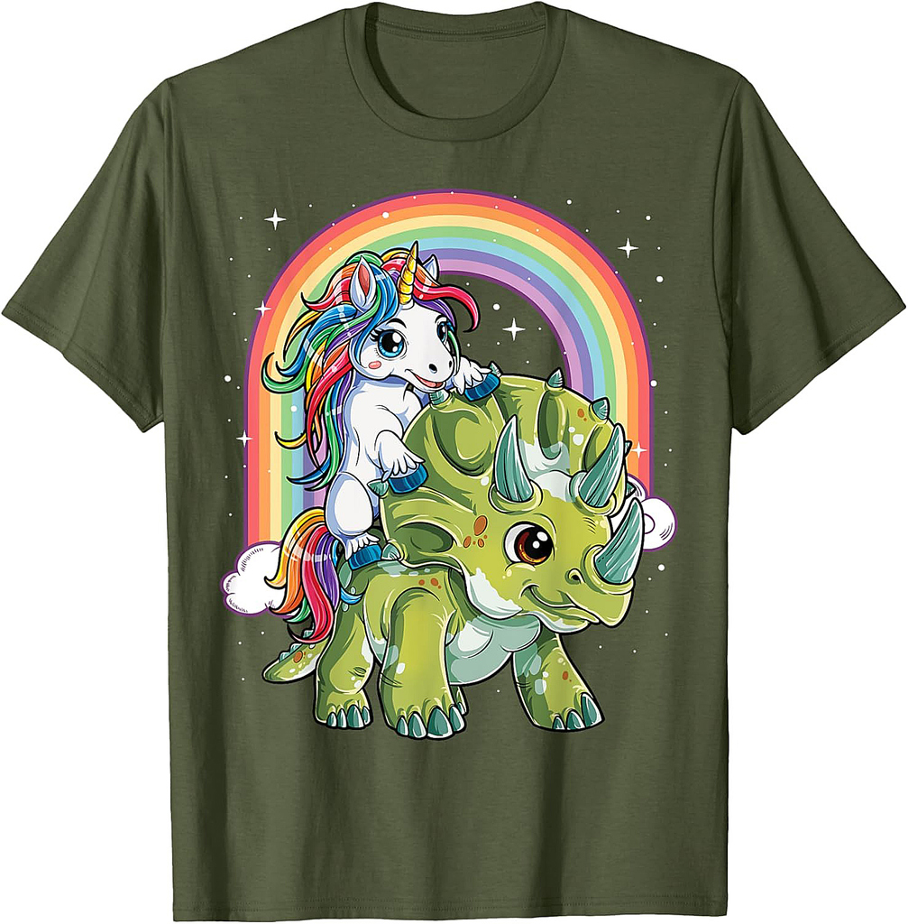 Unicorn Riding Dinosaur Triceratops Funny Boys Girls Rainbow Thanksgiving T-Shirt