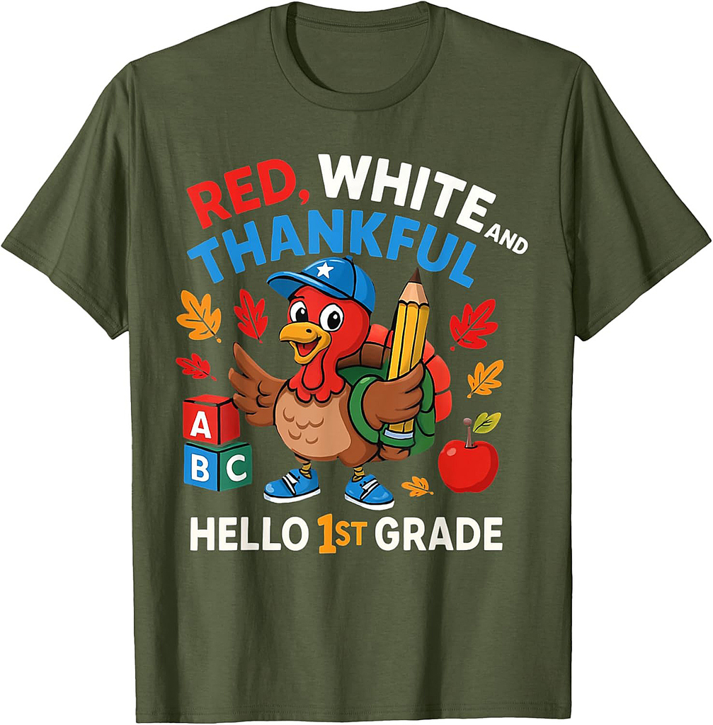 Red White Thankful Hello 1st Grade Fall Turkey School T-Shirt
