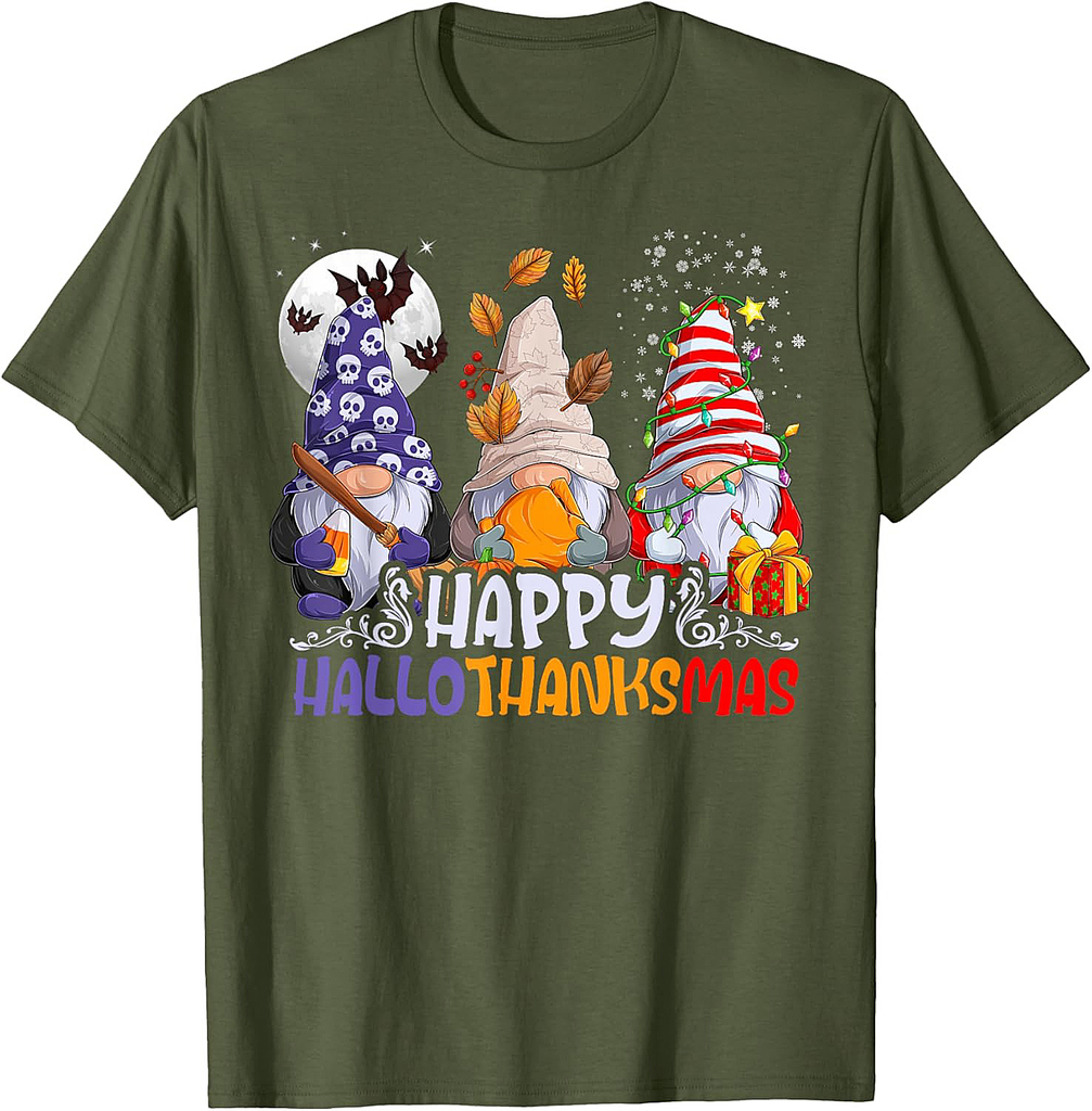 HalloThanksMas Gnomes Halloween Thanksgiving Christmas Happy T-Shirt
