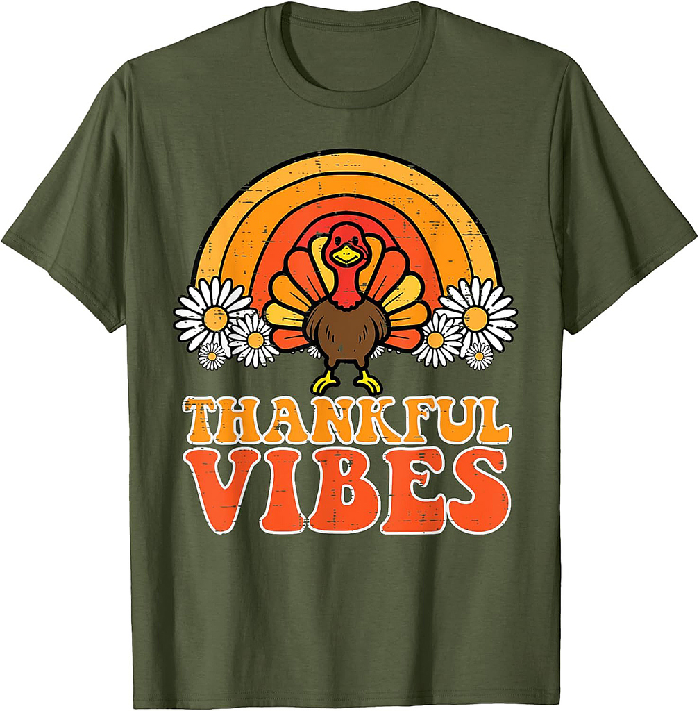 Thankful Vibes Turkey Rainbow Funny Retro Thanksgiving Women 001 T-Shirt
