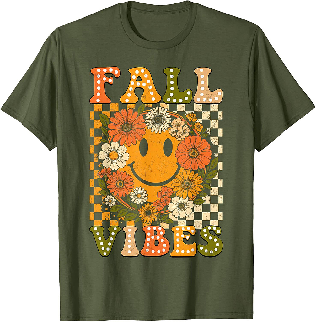 Floral Fall Checkered Smile Face Halloween Thanksgiving 2025 T-Shirt