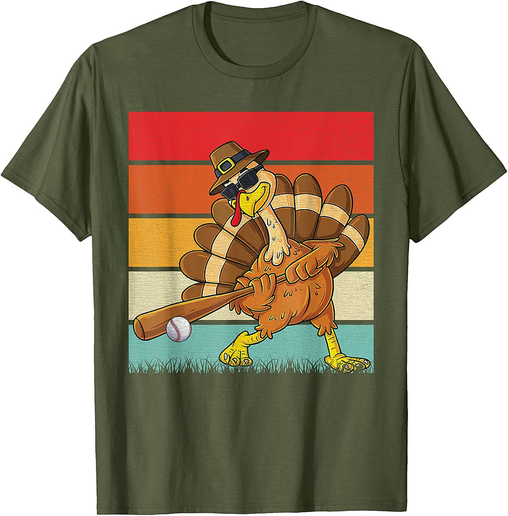 Retro Turkey & Baseball Ball Autumn Fall Vibes Thanksgiving T-Shirt