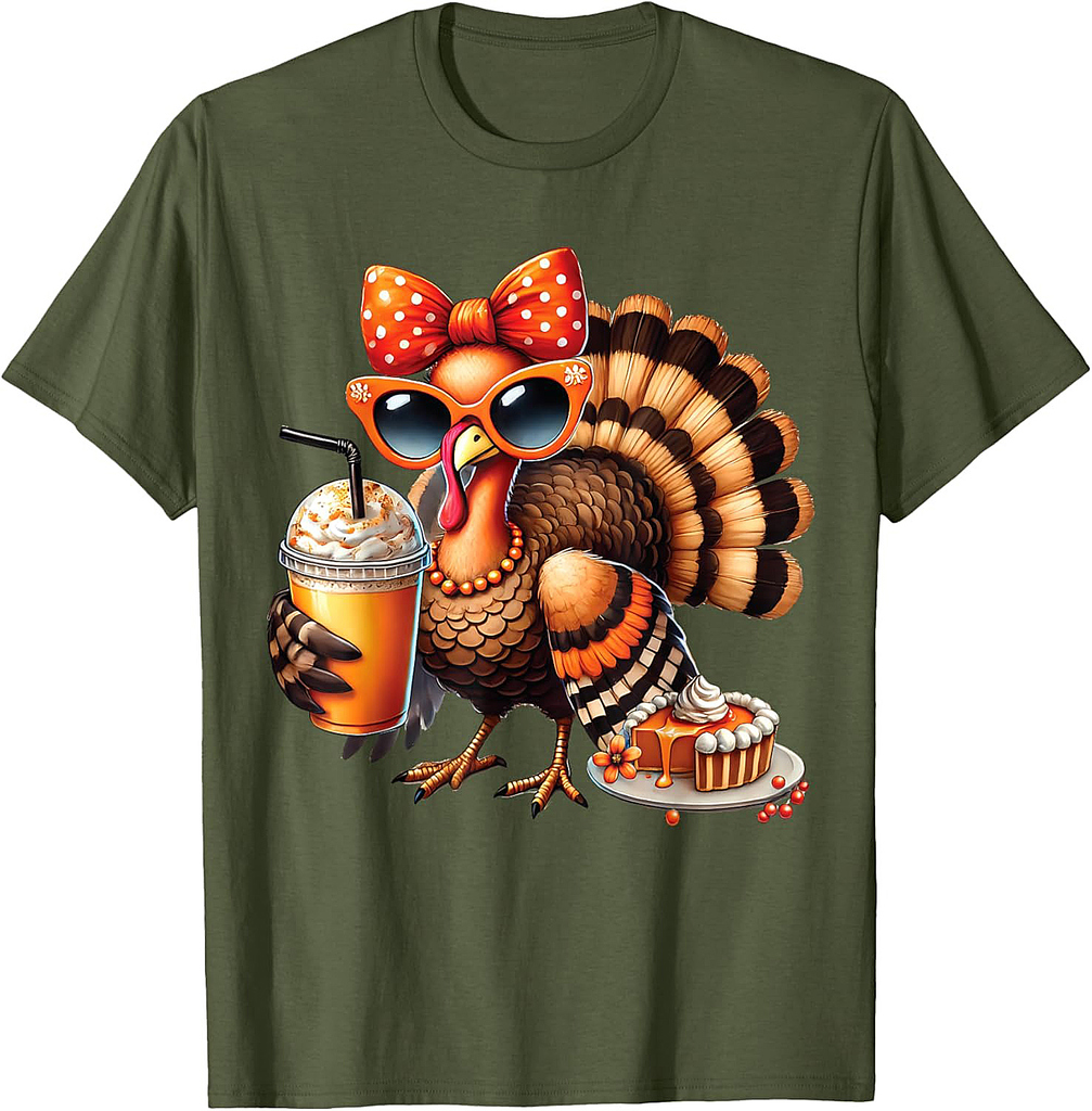 Turkey Drinking Coffee Bow Thanksgiving Womens Turkey Day T-Shirt