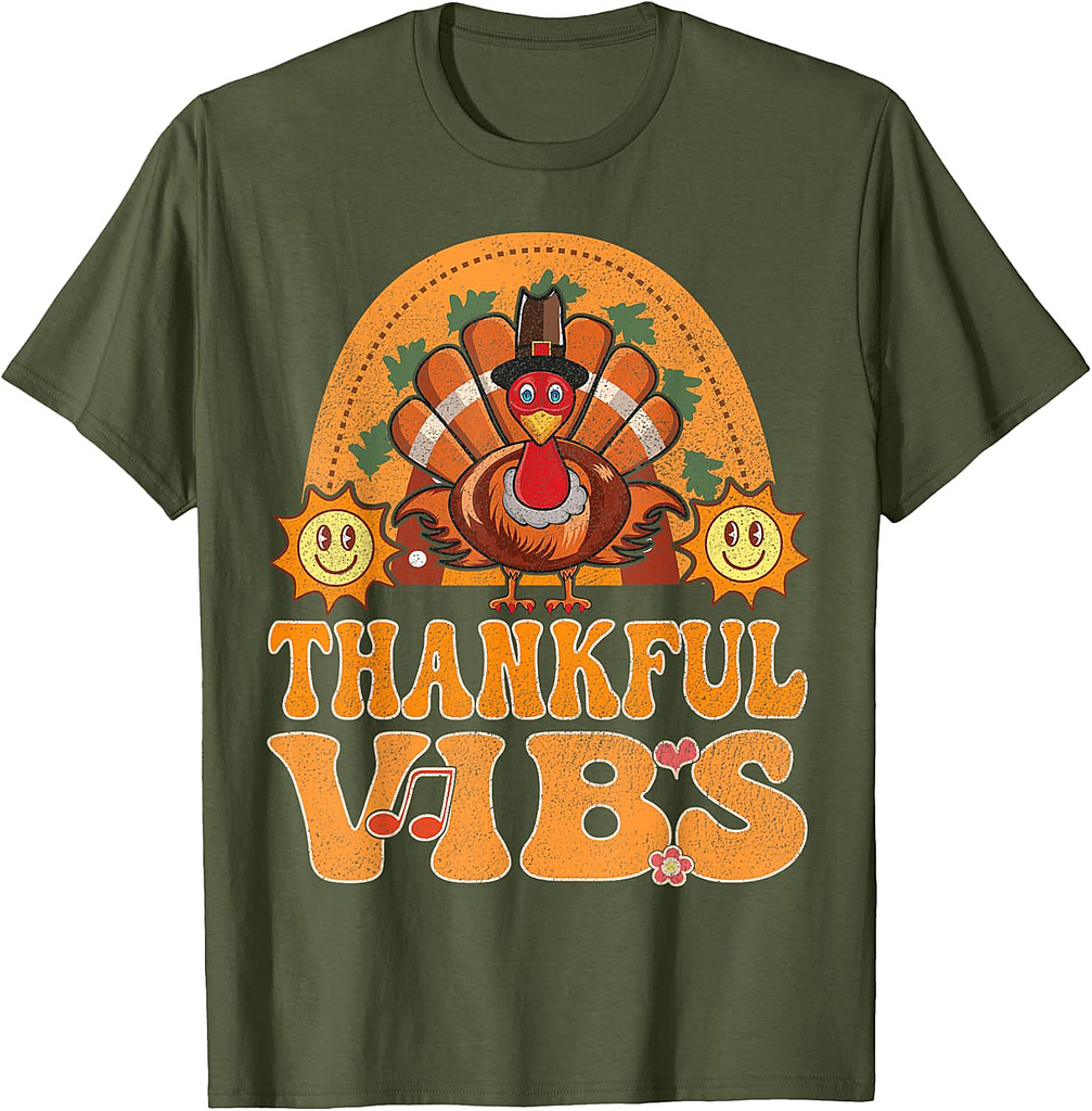 Thankful Vibes Turkey Rainbow Groovy Retro Thanksgiving T-Shirt