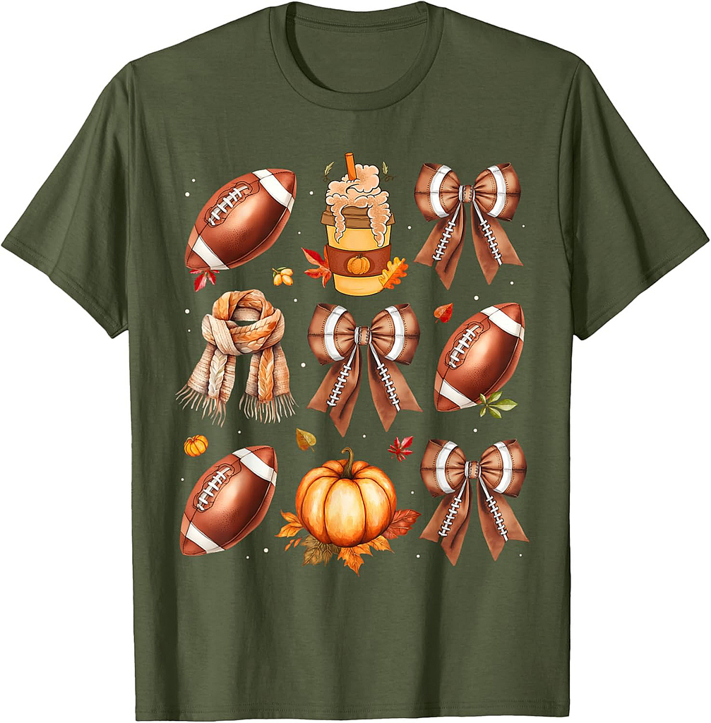 Coffee Football Coquette Bow Fall Vibes Pumpkin Thanksgiving T-Shirt