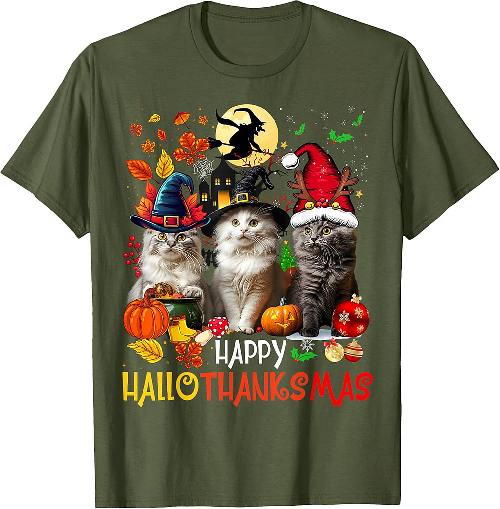 Halloween Thanksgiving Christmas Happy HalloThanksMas Cats T-Shirt