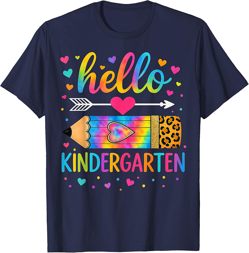 Back To School Hello Kindergarten Leopard Tie Dye Pencil Kid T-Shirt