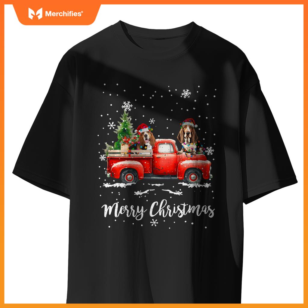 Basset Hound Red Truck Christmas Santa Hat Xmas Dog Lover T-Shirt
