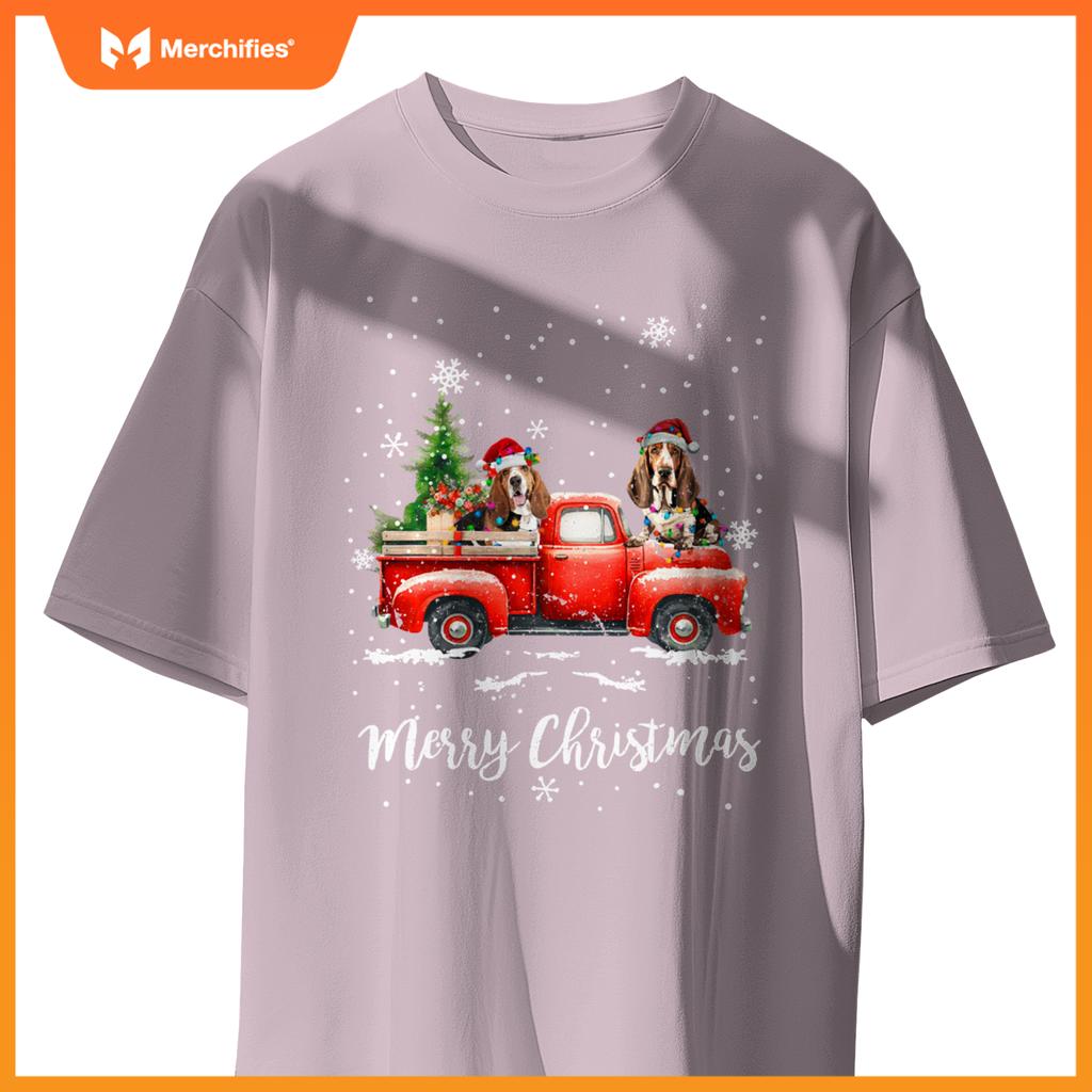 Basset Hound Red Truck Christmas Santa Hat Xmas Dog Lover T-Shirt