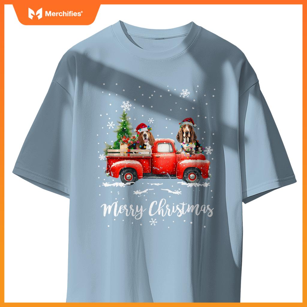 Basset Hound Red Truck Christmas Santa Hat Xmas Dog Lover T-Shirt