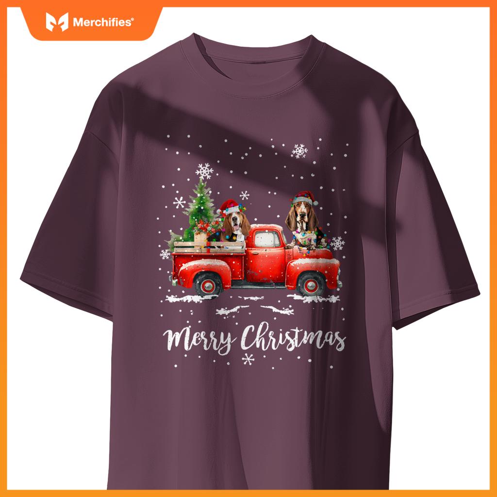 Basset Hound Red Truck Christmas Santa Hat Xmas Dog Lover T-Shirt